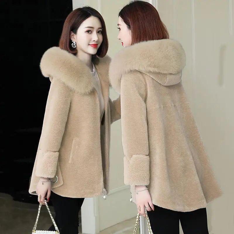beige Новинка, Женское зимнее пальто из натуральной овечьей шерсти, женская повседневная куртка из овечьей шерсти с воротником из натурального Лисьего меха, верхняя одежда с капюшоном, N254 - Цвет: beige