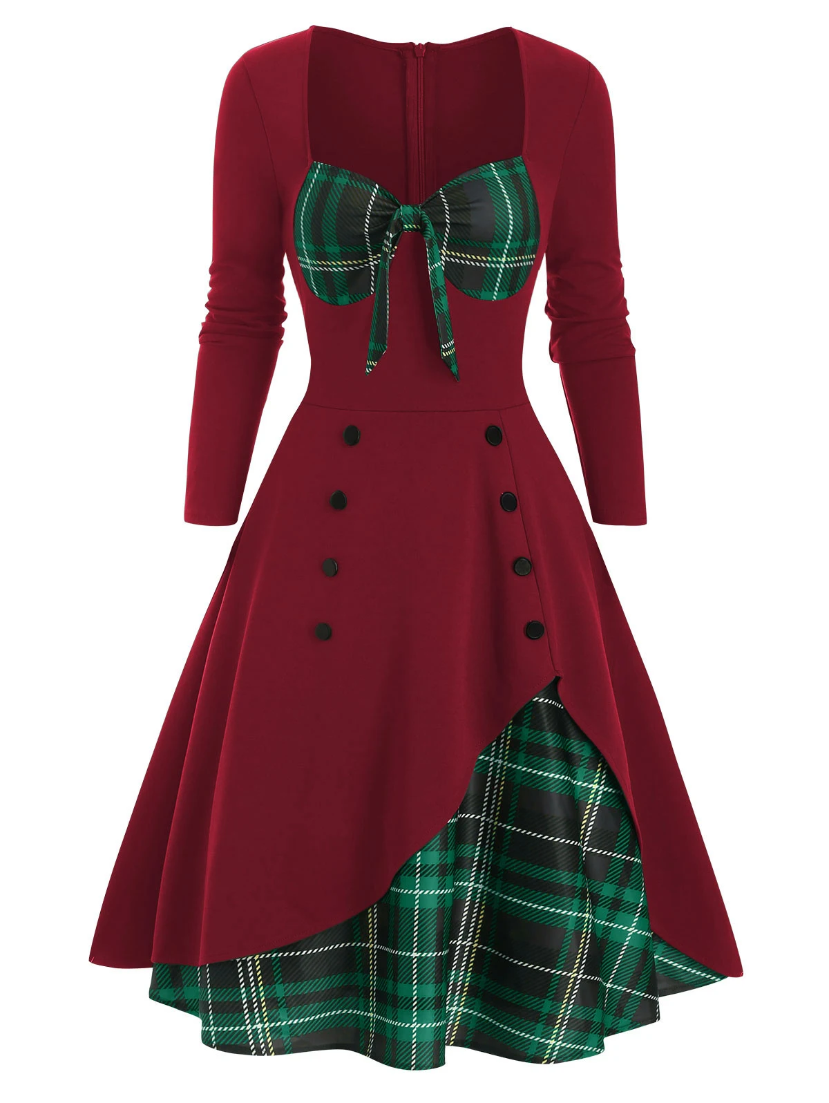 Wipalo Women Long Sleeve Plaid Print Dress Casual Black Button Embellished Bowknot Sweetheart Dress Slim Spring Party Vestidos