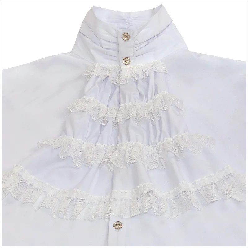 White Cotton & Lace Ruffles Stand Collar Lantern Sleeve Medieval Party Wear Vintage Shirt Men Gothic Clothes Victorian Top Male