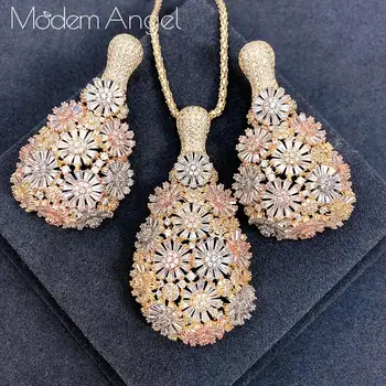 

ModemAngel Luxury Chrysanthemum Water Drop Cubic Zirconia Pendant NECKLACE EARRINGS For Dubai Women High Quality Jewelry