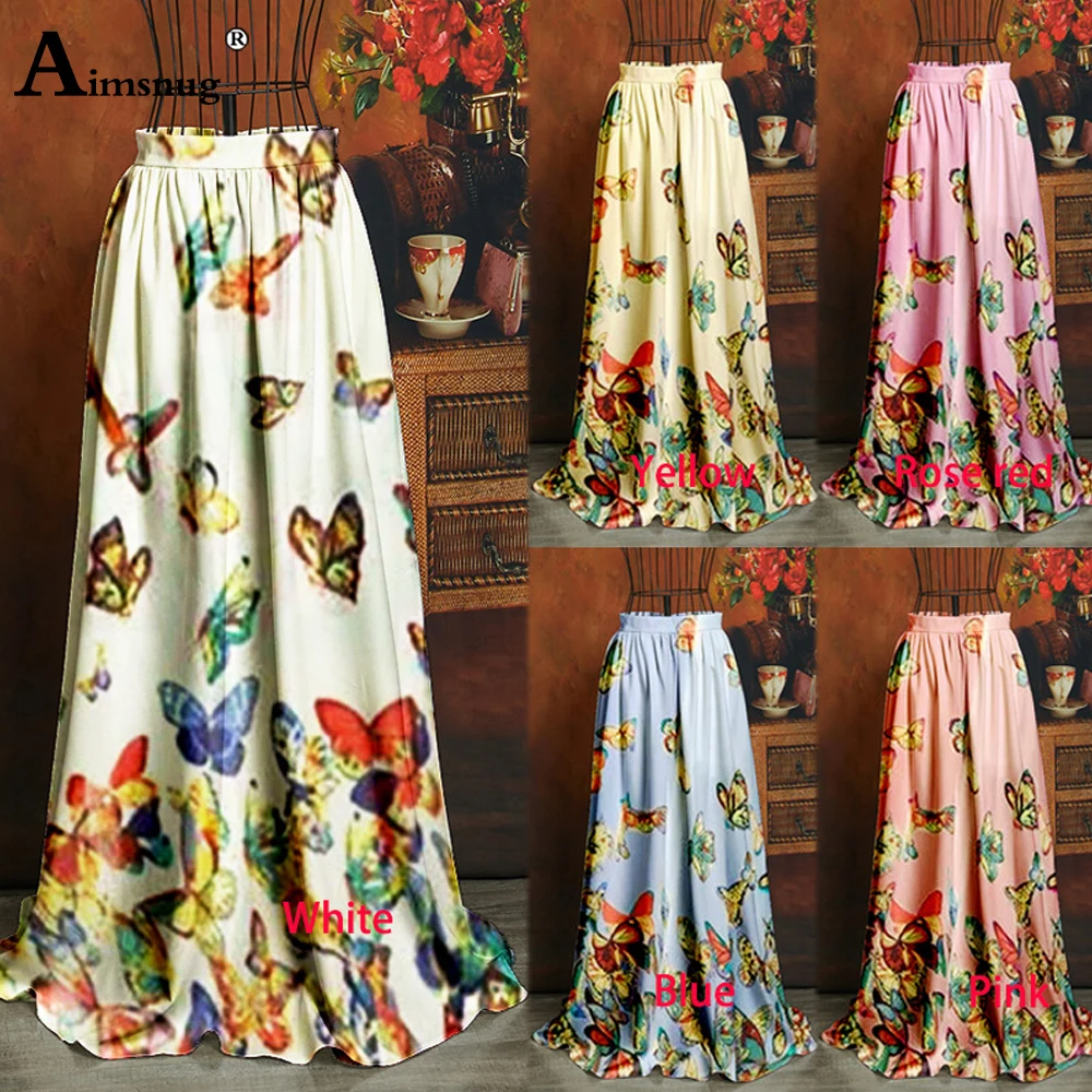 

Aimsnug European And American Women's Skirt Elegant Printed Butterfly Big Swing Loose Women Plus size 3xl High Waist Long Skirt