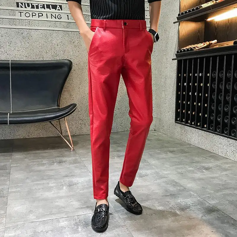 Одноцветная ПУ кожа мужские s Slim Fit платье брюки уличная Длина по щиколотку модные брюки в деловом стиле формальный дизайн мужские обтягивающие брюки