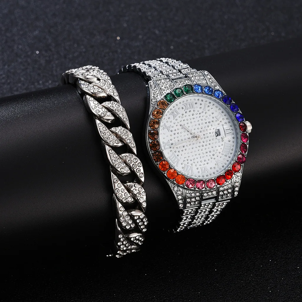 2pcs/set Watch Bracelet for Women Cuban Chain Bracelet Iced Out Watch for Women Luxury Colourful Jewelry Set Relojes Para Mujer