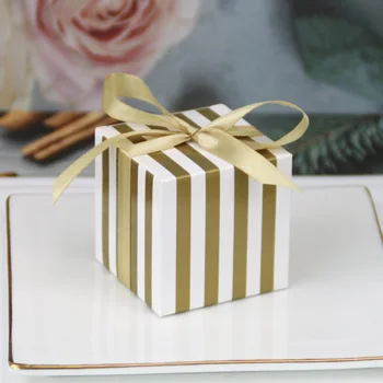 

60PCS Small Gift Box Candy Boxes with Ribbons 2x2x2 Inch Gold Striped Box Party Favors for Wedding Baby Shower Birthday Supplies