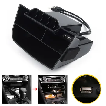 

Black Car Storage Box With USB Port Inner ABS Organizer For Honda Civic 2016-19