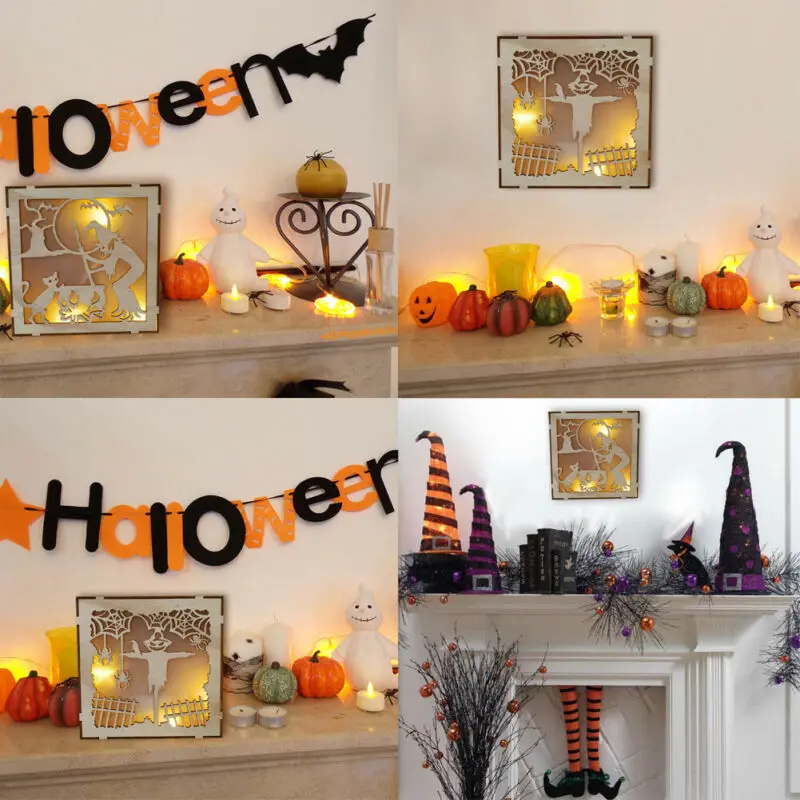 #*Cheap LED Light Wooden Halloween Pumpkin Lightweight Haunted House Decoration Ornaments Crafts