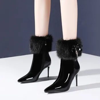 

Womens Real Mink Fur Ankle Boots Patent Leather Stilettos High Clear Crystal Heel Warm Winter Fleece Rhinestones Bow Shoes 2020
