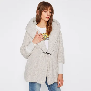 

Cashmere Outwear Coat Women's Long Sleeve Warm Soft Bat Sleeved Hooded Parka Horn Button Loose Casual Plus Size Jacket