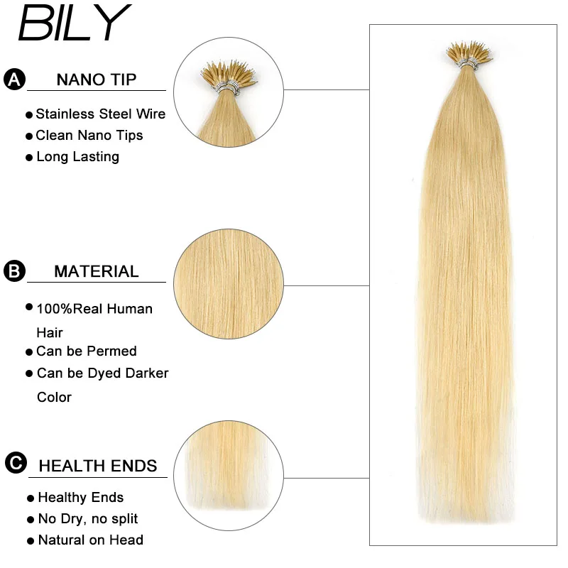 BILY Machine Remy Nano Ring Links 100% Natural Human Hair Extensions Straight Brazil Micro Beads Real Hair 1g/s 20" 50g Pieces