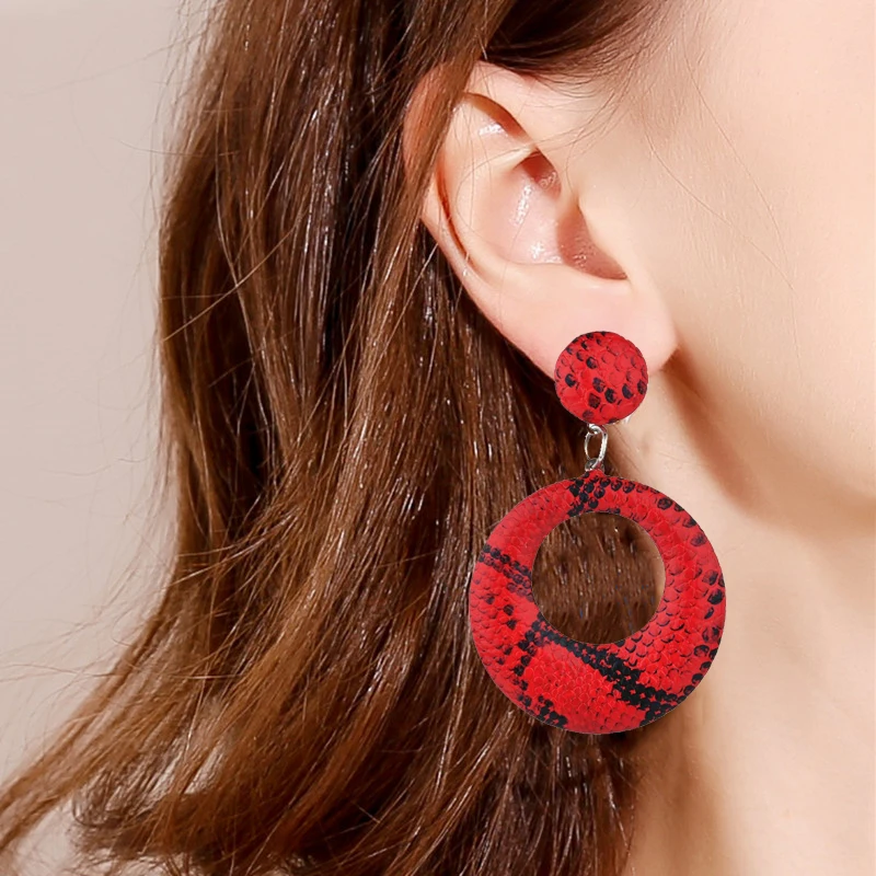 9 Colors Vintage Round Drop Earrings for Women Large Geometric Statement Earrings Snake Skin Pendant Earrings Fashion Jewelry