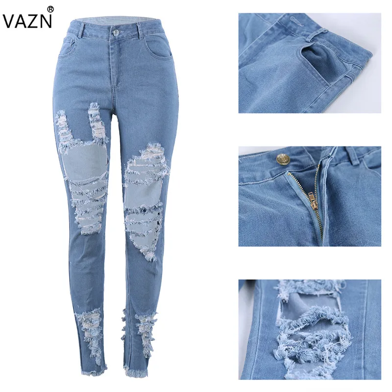 VAZN ME281 специальный продукт Осенние сексуальные 2 цвета длинные джинсы средняя талия пуговицы с дырками джинсы сексуальные женские шикарные дизайнерские джинсы