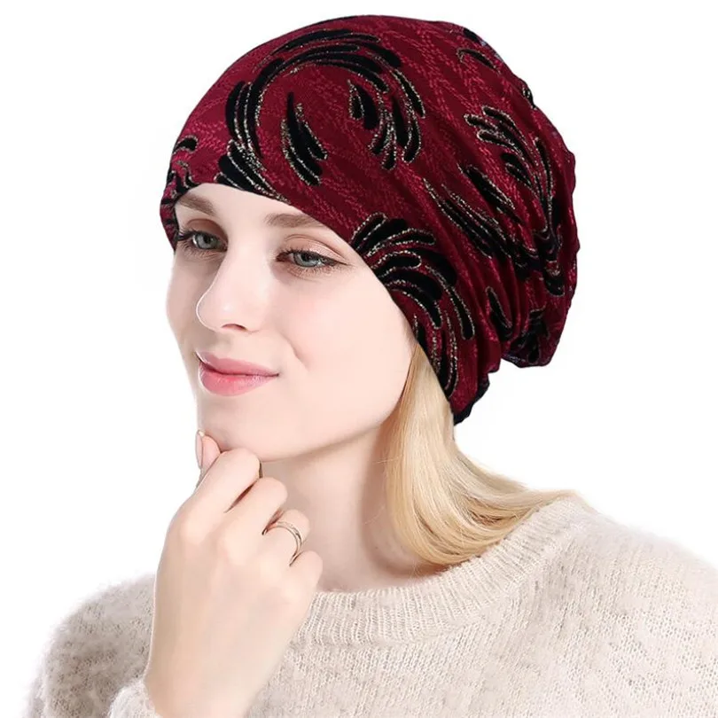 M227 Wine red Зимние шапки CUHAKCI Skullies для женщин, женская шапка высокого качества, новинка, хлопковые весенние женские мягкие Шапочка-бини с цветочным узором - Цвет: M227 Wine red