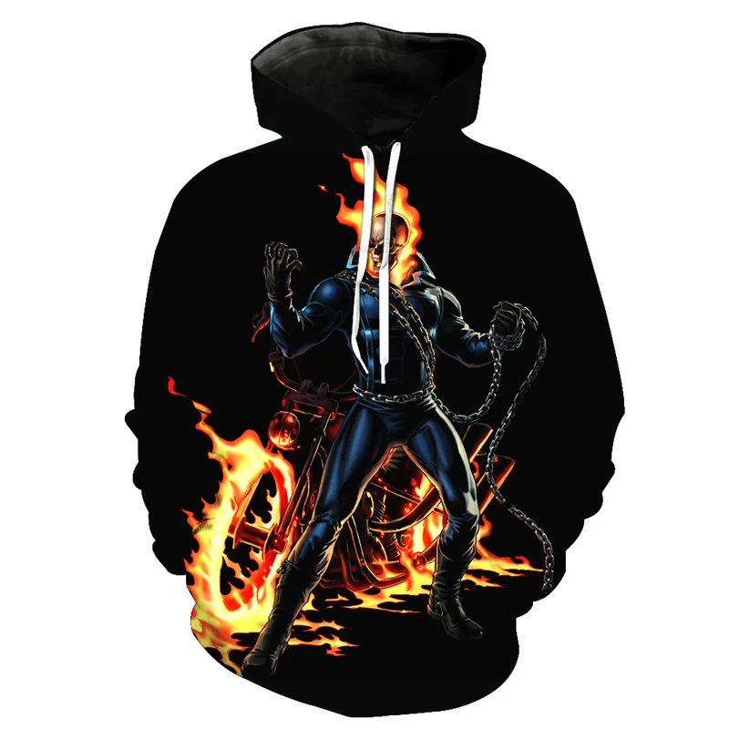 ConMotion Burning Flame Hoodie Fashion Skull Motorcycle Printing Jumper Sweatshirts US SIZE | Мужская одежда