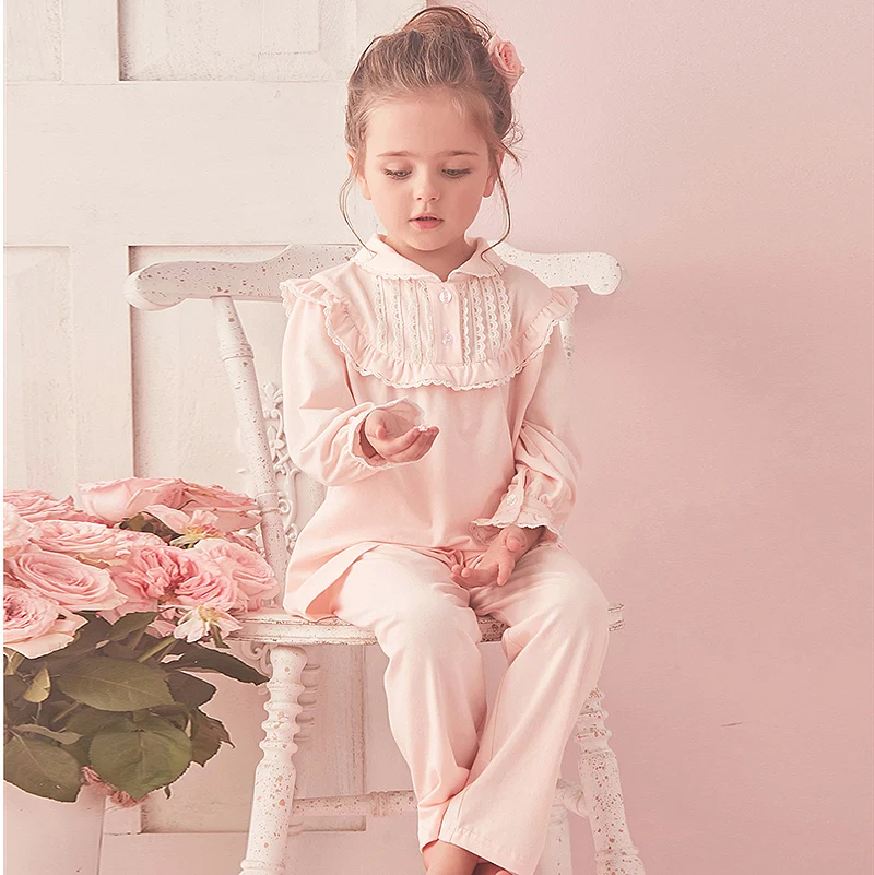 Kids Pajamas Set Children Girl Lolita Vintage Toddler Royal Style Sleep Loungewear Turndown Collar Tops Pants