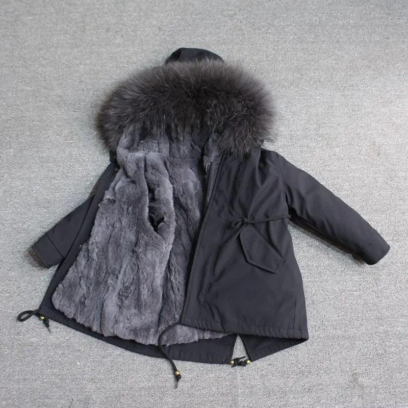 black gray fur Куртки из натурального меха кролика Рекс, парки с большим воротником из меха енота с капюшоном для маленьких девочек, одежда детская зимняя куртка для мальчиков - Цвет: black gray fur