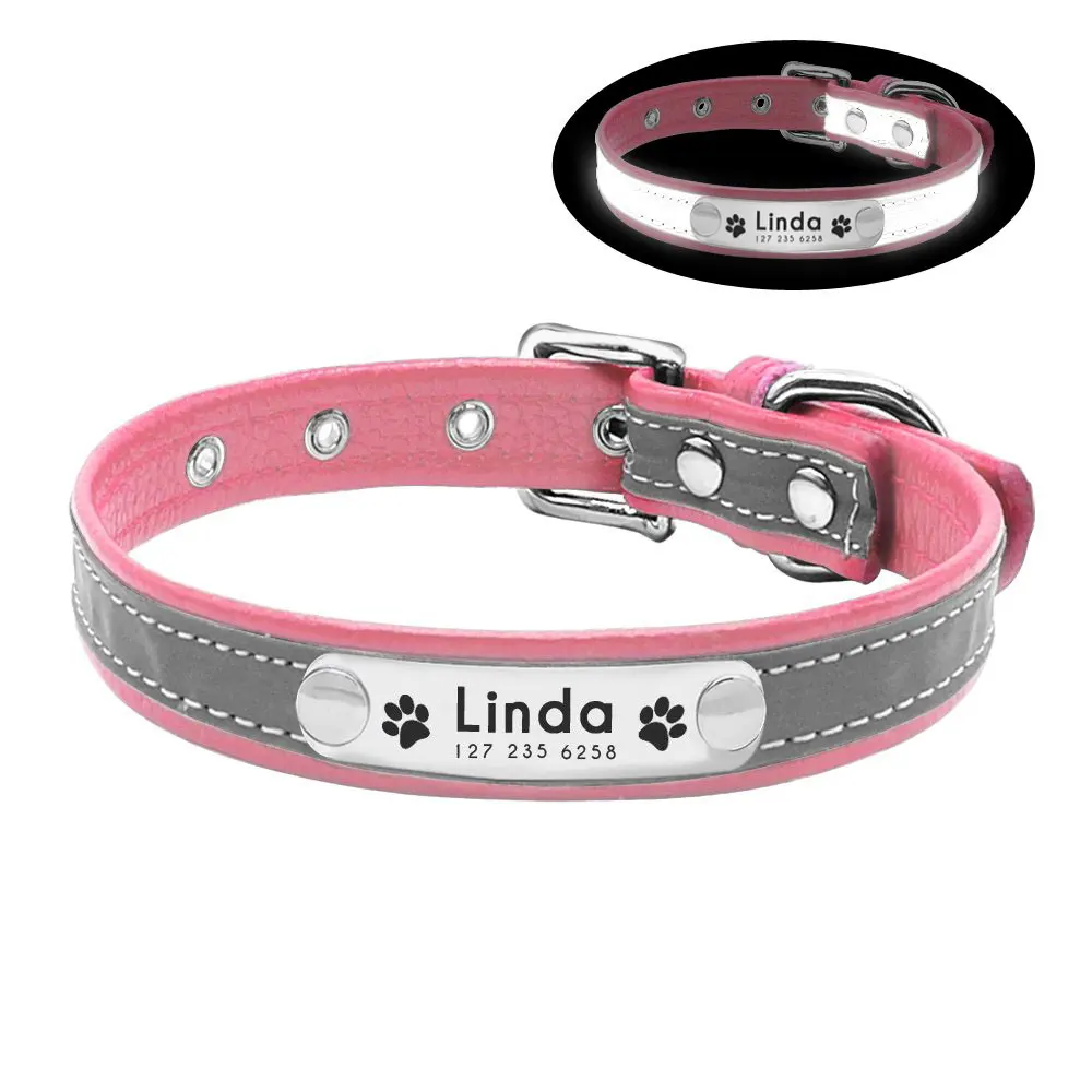 Pink AiruiDog персонализированный ошейник для собак светоотражающий кожаный ID имя на заказ Выгравированный XS-L для щенка - Цвет: Pink