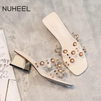 

NUHEEL women's shoes net red rivet pearl slipper new summer fashion horseshoe heel shoes women тапочки женские