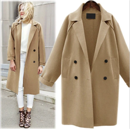 Light Khaki Женское повседневное шерстяное пальто осень и зима Европейский Стиль Большой размер длинное одноцветное пальто Женская ветровка шерстяное пальто Новинка - Цвет: Light Khaki