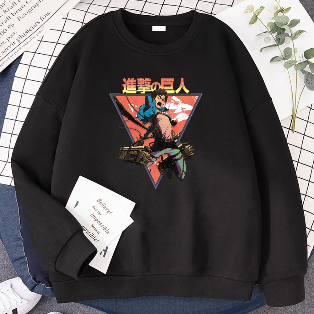 Vintage Hoodie Sweatshirts Pullovers Titan Attack Crewneck Loose Tops on Character Autumn