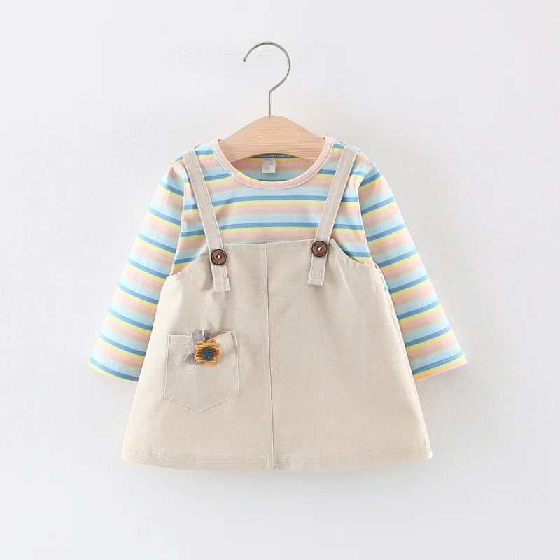 

Baby Clother Autumn Children Girls Dress Sweet Princess Dress Cute Stripes Print Fake Two Piece Bottoming Long Sleeved