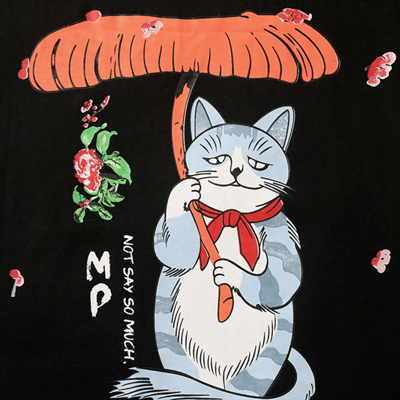 Уличная футболка в стиле хип-хоп, Забавные футболки Харадзюку с котом, Мультяшные футболки в японском стиле с грибами и цветами, топы с короткими рукавами, футболки