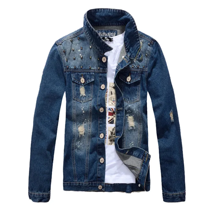 Denim Blue Осенние мужские джинсовые куртки, повседневные облегающие однотонные джинсовые куртки, пальто, мужская Ковбойская модная брендовая одежда jaqueta masculina - Цвет: Denim Blue