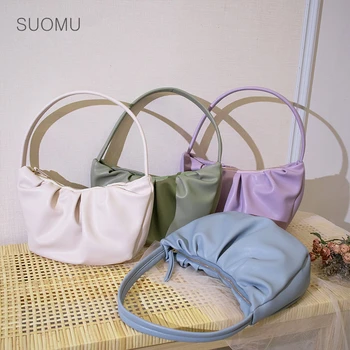 

Women candy color totes handbag female ladies cute pleated underarm shoulder bag small cloud dumpling pouch baguette bag