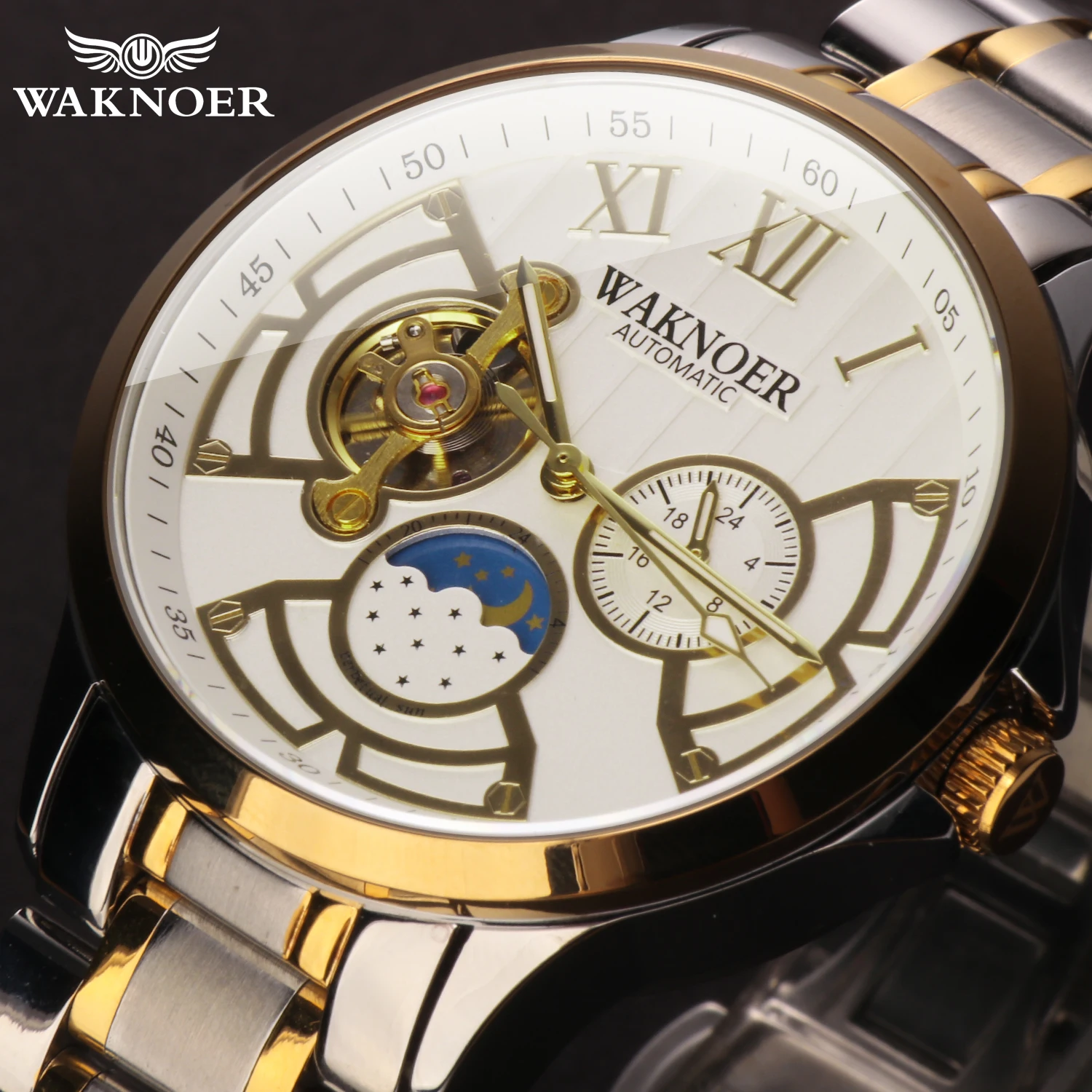 Tanie WAKNOER automatyczny zegarek mechaniczny mężczyźni ze stali nierdzewnej wodoodporna faza księżyca Luminous luksusowy biznes Tourbillon zegar Montre Homme