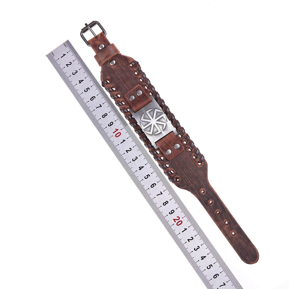 LIKGREAT Slavic Sun Wheel Kolovrat Talisman Charm Bracelets Leather Wrap Cuff Bracelet for Man Women Wicca Jewelry Accessories