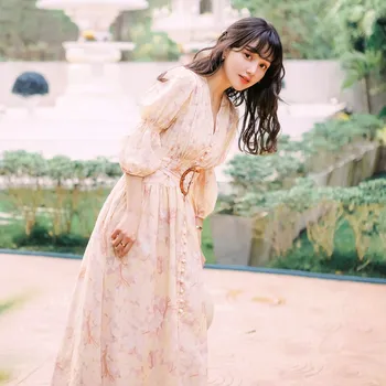 

High Quality Best-Selling Retro Spring Fall New Sweet Floral Print Long Dresses Female Button Puff Sleeve Maxi Dresse