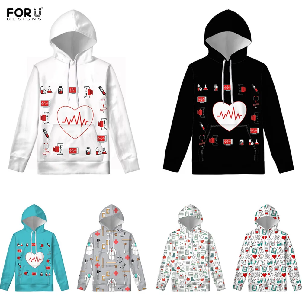 

FORUDESIGNS Brand Designer Casual Pullover Hoodies Women Sweatshirts Nurse Heart Pattern Top Hoodies Woman Clothes Sweat Femme