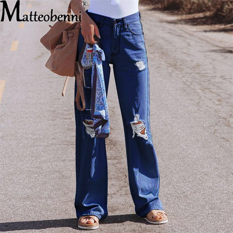 Women's Fashion High Waist Ripped Wide Leg Loose Denim Trousers Female Baggy Mom Straight Jean Pants Ladies Casual Street Jeans british fashion new 2022 ladies printed floral jeans women vintage blue denim pants female street style oversized pantalons