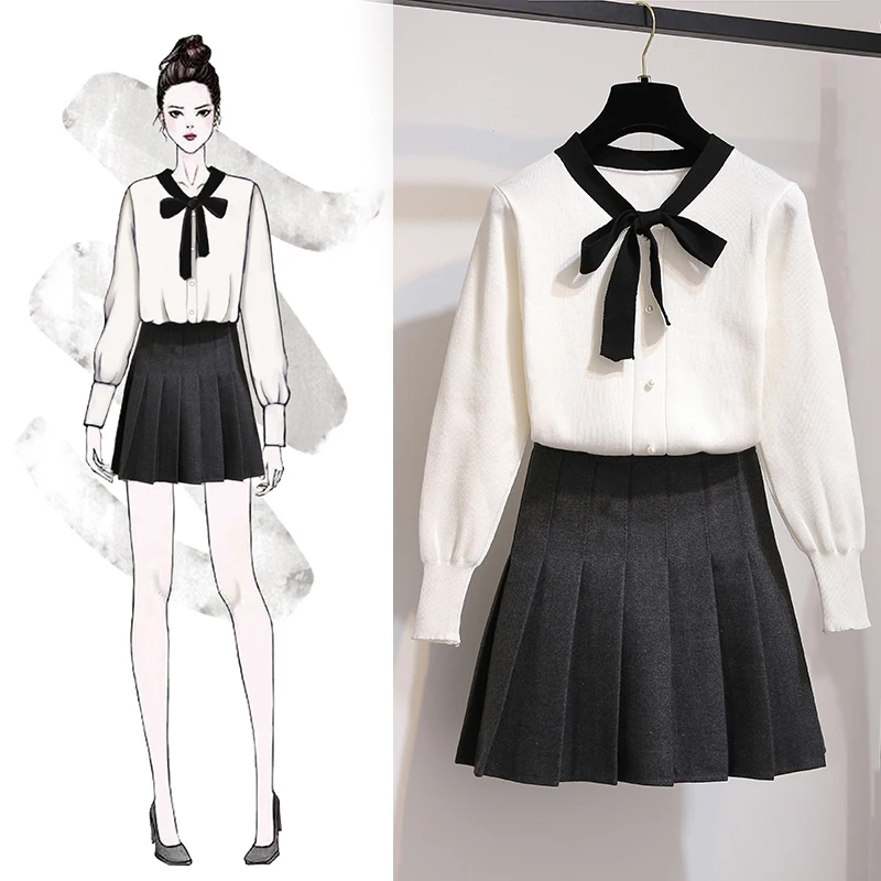 

Autumn New Joker Knitting Bowknot Sweater & Pleated Bust Skirt Two Pcs Clothing Set Knitted Suits Student Outfit Women Knitwear