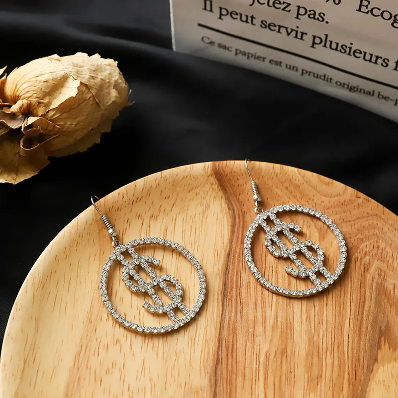 

Luxury Design US Dollar Money $ Shiny Drop Earrings For Women Round Coin Bling Crystal Charm Dangle Earings Statement Jewelry
