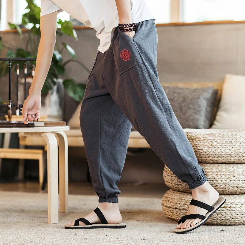 

2020 Summer New Style Men'S Wear Embroidered Capri Pants Pants Cotton Linen Large Size Wide-Leg Linen Pants Men's K904