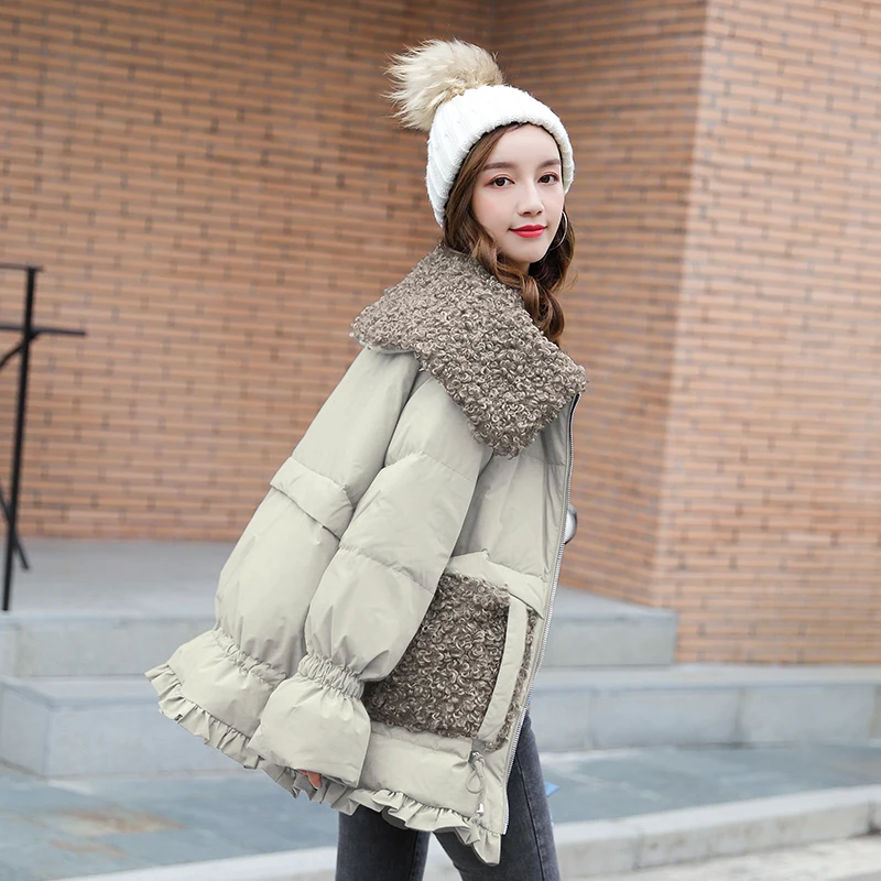 

2020 Winter Women Clothes Overshirt Korean White Duck Down Jacket Lamb Hair Fashion Stitching Fishtail Ladies Warm Parka Coat