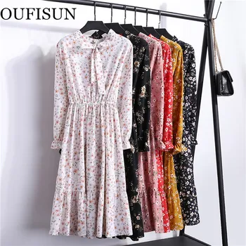 

2020 Spring Dress Long Sleeve Office Polka Dot Vintage Dress Women Casual Red Floral Autumn Shirt Chiffon Midi Dress For Ladies