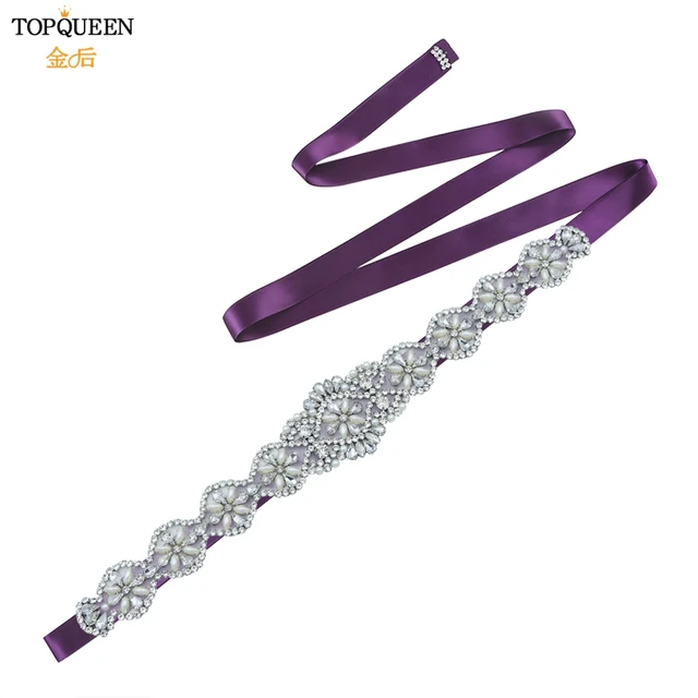 TOPQUEEN S161 Bridal Belts Wedding Women Jewelry Silver Rhinestone Pearl Crystal for Sparkly Party Formal Dress Diamond Sash Purple Ribbon