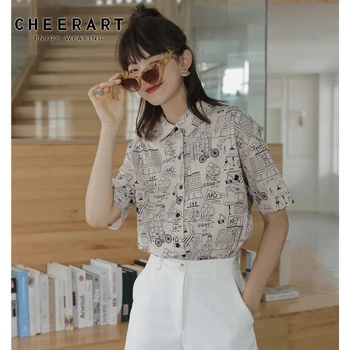 

CHEERART Graffiti Short Sleeve Shirt Women Tops And Blouses Summer Casual Button Up Korean Shirt Clothing