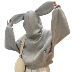 2021 Spring Autumn Kawaii Style Women Hoodies Funny Rabbit Long Ears Hooded Sweatshirt Long Sleeve Casual Zip Up Short Hoodie