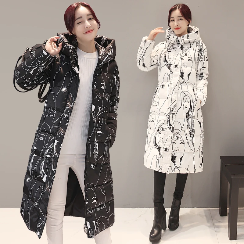 Parkas Mujer Invierno New Thick Long Wadded Jacket Women Hooded Printing Female Cotton Padded Coat Plus size LX842 | Женская одежда