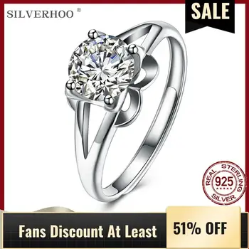 

SILVERHOO 925 Sterling Silver Adjustable Rings For Women Round Shining 5A+ Zircon CZ Wedding Engagement Ring Wholesale Jewelry