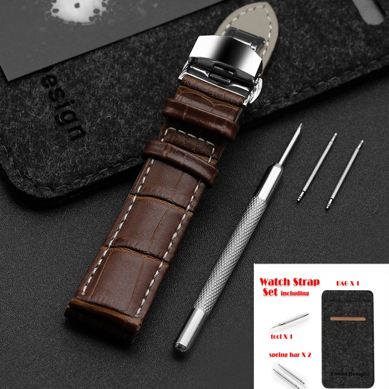 

Enmex Watchband Solid Butterfly Clasp Brown colour Calfskin Genuine Leather Watch Band Alligator Grain Watch Strap suit with bag