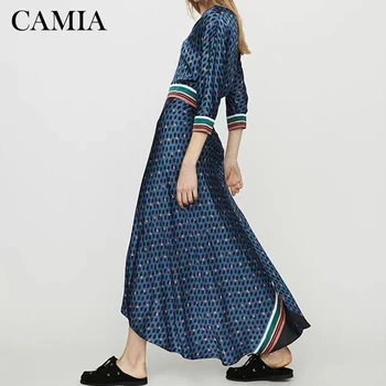 

CAMIA vintage Geometric Print V-neck Women Dress 2019 Multicolored Color Matching Waist Split maxi Dress