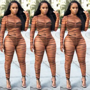 

Sexy Women Long Sleeve Perspective Striped Slim Mesh Bodycon Jumpsuit Romper Trousers Casual