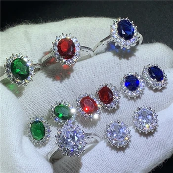 

Fashion Princess stud ear ring and Ring Set 925 sterling Silver 5A cz Birthstone Engagement Wedding Band Rings For Women Jewelry