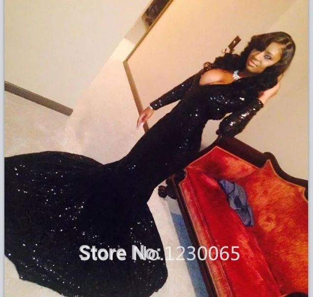 

Sexy Deep V Neck Mermaid Sequined Black Elegant Prom 2018 Zipper-Up Court Train Pageant For Women mother of the bride dresses