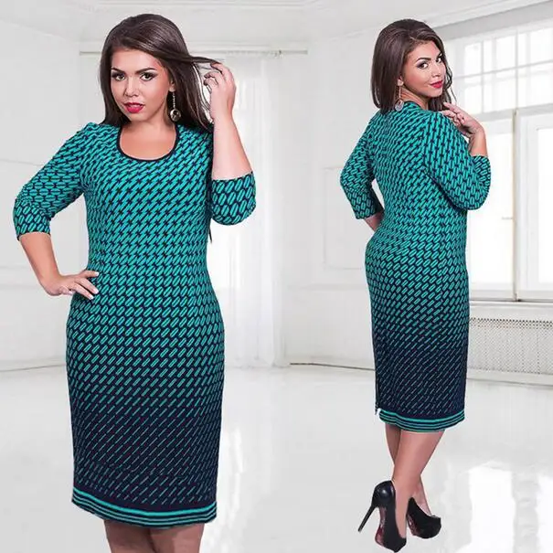 6XL Plus Size Dress Women Plaid 3/4 Sleeve Sheath Bodycon Party Dresses Elegant Big Size Slim Pencil Office Midi Dress WF502