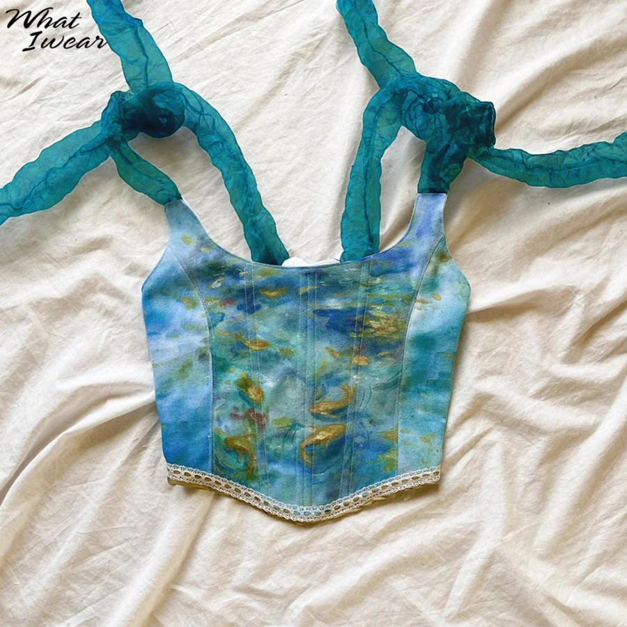 Whatiwear Summer Women T-shirts Y2k Vintage Corset 2022 Aesthetic Print Backless Top Fashion Woman Blouses Party Streetwear