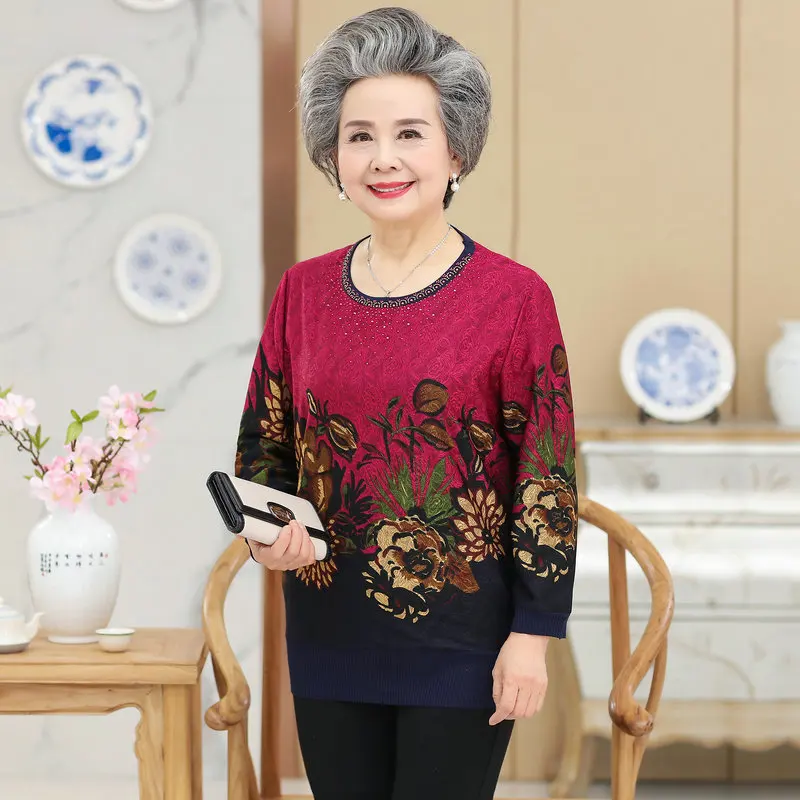 

Elderly Women Srping Blouses Red Floral Printing Sequined Round Collar Long Sleece Tops Woman Grandma Mother Casual Daily Blouse